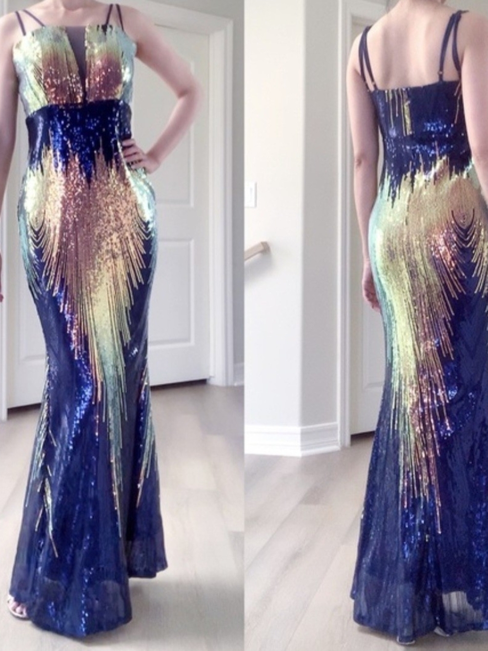 Iridescent Navy Sequin Ombre Prom Dress